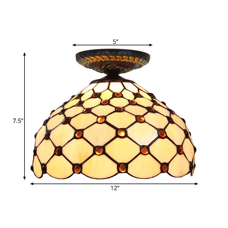 Jeweled Ceiling Flush Tiffany-Style Stained Art Glass 1 Head Bronze Flush Mount Light, 7.5"/8.5"/10" H Clearhalo 'Ceiling Lights' 'Close To Ceiling Lights' 'Close to ceiling' 'Flush mount' Lighting' 297420