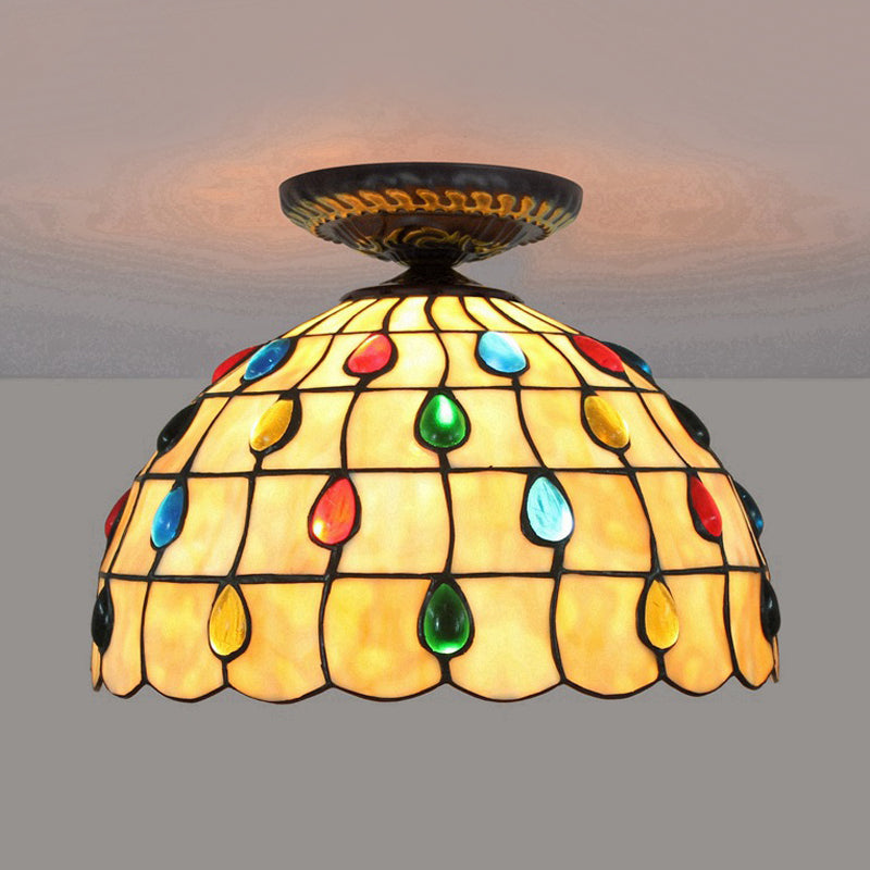 Jeweled Ceiling Flush Tiffany-Style Stained Art Glass 1 Head Bronze Flush Mount Light, 7.5"/8.5"/10" H Bronze 8.5" Clearhalo 'Ceiling Lights' 'Close To Ceiling Lights' 'Close to ceiling' 'Flush mount' Lighting' 297421