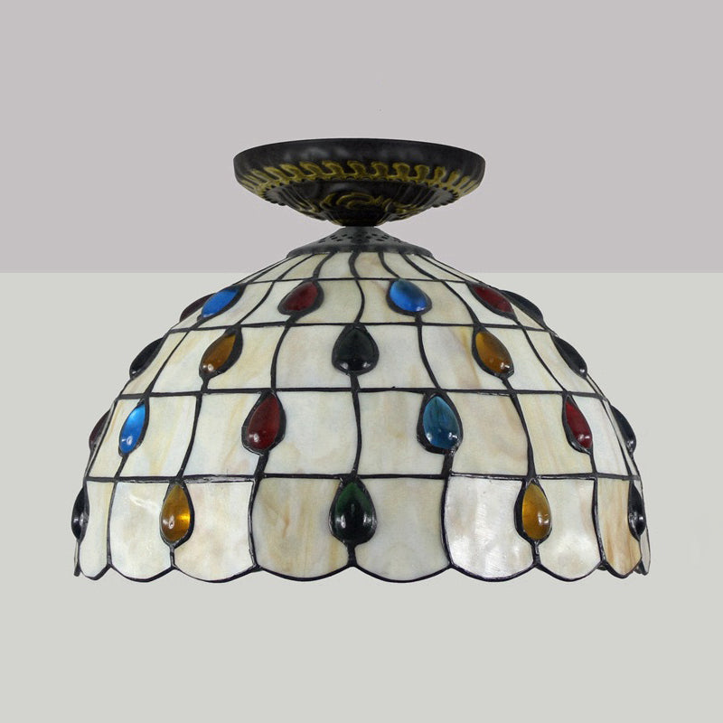 Jeweled Ceiling Flush Tiffany-Style Stained Art Glass 1 Head Bronze Flush Mount Light, 7.5"/8.5"/10" H Clearhalo 'Ceiling Lights' 'Close To Ceiling Lights' 'Close to ceiling' 'Flush mount' Lighting' 297422