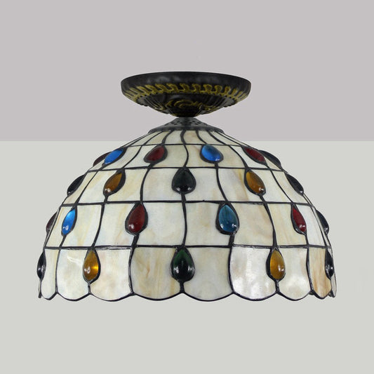 Jeweled Ceiling Flush Tiffany-Style Stained Art Glass 1 Head Bronze Flush Mount Light, 7.5"/8.5"/10" H Clearhalo 'Ceiling Lights' 'Close To Ceiling Lights' 'Close to ceiling' 'Flush mount' Lighting' 297422