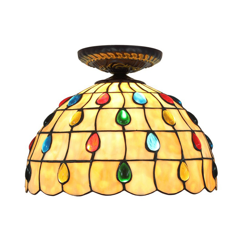 Jeweled Ceiling Flush Tiffany-Style Stained Art Glass 1 Head Bronze Flush Mount Light, 7.5"/8.5"/10" H Clearhalo 'Ceiling Lights' 'Close To Ceiling Lights' 'Close to ceiling' 'Flush mount' Lighting' 297423