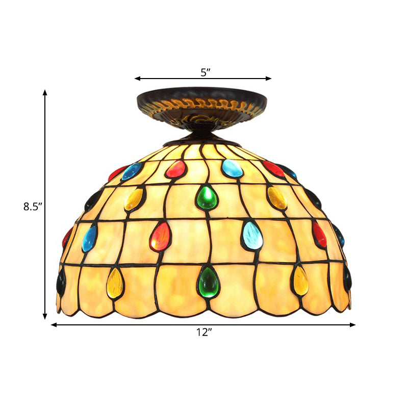 Jeweled Ceiling Flush Tiffany-Style Stained Art Glass 1 Head Bronze Flush Mount Light, 7.5"/8.5"/10" H Clearhalo 'Ceiling Lights' 'Close To Ceiling Lights' 'Close to ceiling' 'Flush mount' Lighting' 297424