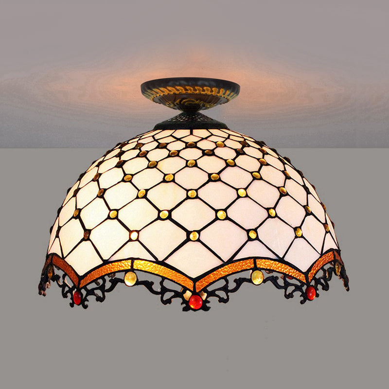 Jeweled Ceiling Flush Tiffany-Style Stained Art Glass 1 Head Bronze Flush Mount Light, 7.5"/8.5"/10" H Bronze 10" Clearhalo 'Ceiling Lights' 'Close To Ceiling Lights' 'Close to ceiling' 'Flush mount' Lighting' 297425