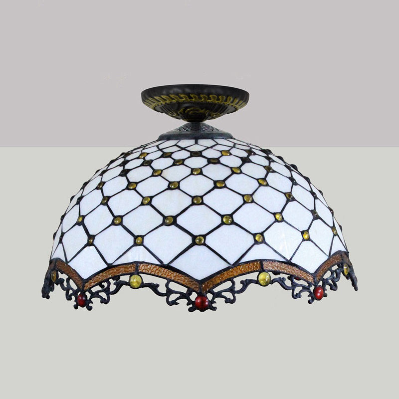 Jeweled Ceiling Flush Tiffany-Style Stained Art Glass 1 Head Bronze Flush Mount Light, 7.5"/8.5"/10" H Clearhalo 'Ceiling Lights' 'Close To Ceiling Lights' 'Close to ceiling' 'Flush mount' Lighting' 297426