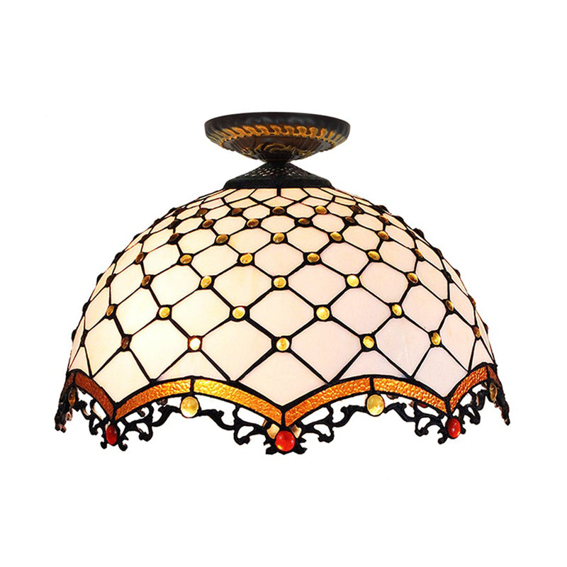 Jeweled Ceiling Flush Tiffany-Style Stained Art Glass 1 Head Bronze Flush Mount Light, 7.5"/8.5"/10" H Clearhalo 'Ceiling Lights' 'Close To Ceiling Lights' 'Close to ceiling' 'Flush mount' Lighting' 297427