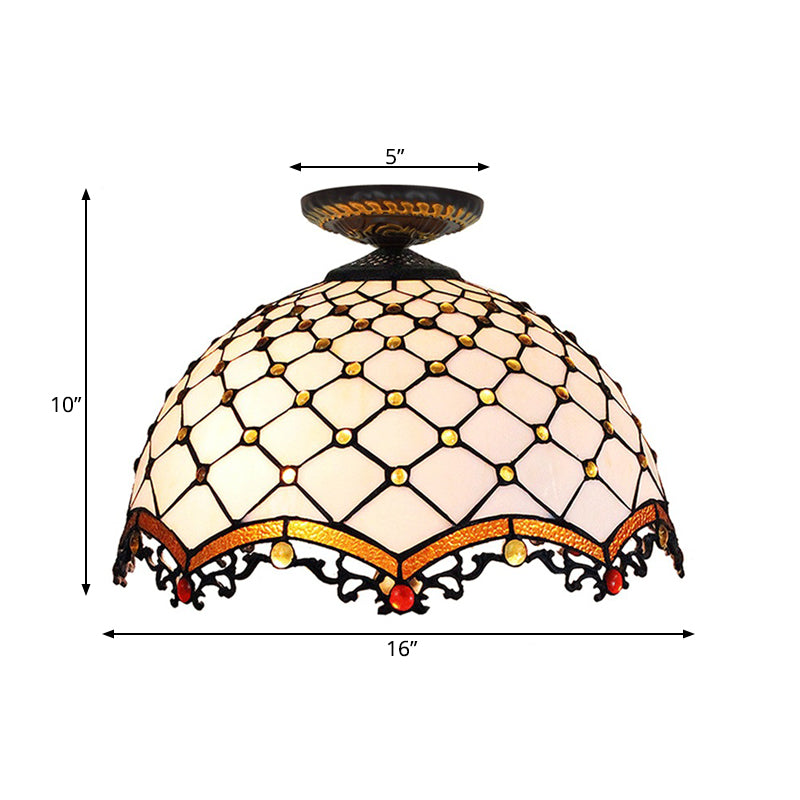 Jeweled Ceiling Flush Tiffany-Style Stained Art Glass 1 Head Bronze Flush Mount Light, 7.5"/8.5"/10" H Clearhalo 'Ceiling Lights' 'Close To Ceiling Lights' 'Close to ceiling' 'Flush mount' Lighting' 297428