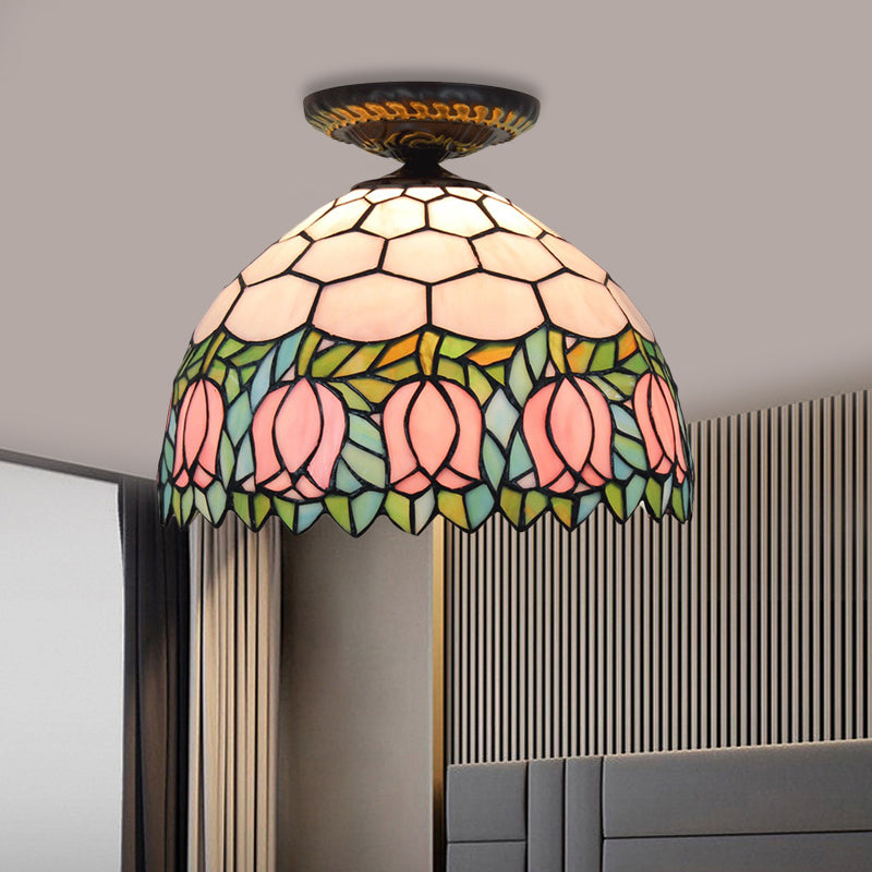 Stained Art Glass Floral Ceiling Fixture Tiffany-Style Single Bulb Bronze Flush Mount Lighting Bronze A Clearhalo 'Ceiling Lights' 'Close To Ceiling Lights' 'Close to ceiling' 'Flush mount' Lighting' 297442