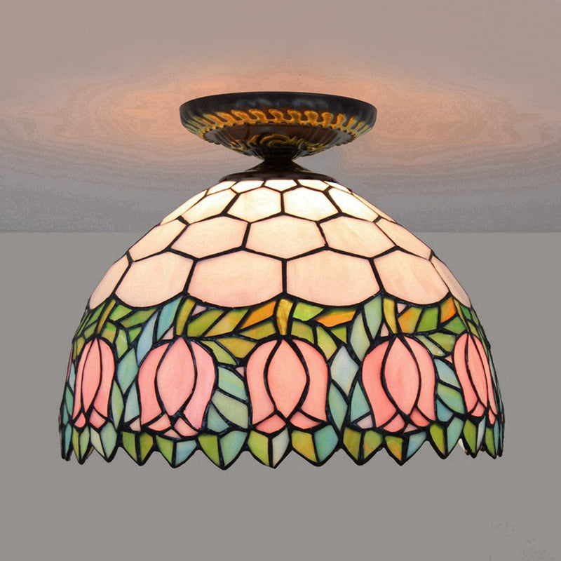 Stained Art Glass Floral Ceiling Fixture Tiffany-Style Single Bulb Bronze Flush Mount Lighting Clearhalo 'Ceiling Lights' 'Close To Ceiling Lights' 'Close to ceiling' 'Flush mount' Lighting' 297443