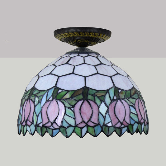 Stained Art Glass Floral Ceiling Fixture Tiffany-Style Single Bulb Bronze Flush Mount Lighting Clearhalo 'Ceiling Lights' 'Close To Ceiling Lights' 'Close to ceiling' 'Flush mount' Lighting' 297444