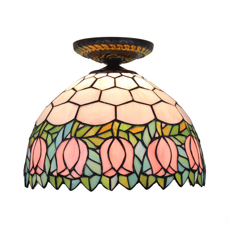 Stained Art Glass Floral Ceiling Fixture Tiffany-Style Single Bulb Bronze Flush Mount Lighting Clearhalo 'Ceiling Lights' 'Close To Ceiling Lights' 'Close to ceiling' 'Flush mount' Lighting' 297445