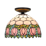 Stained Art Glass Floral Ceiling Fixture Tiffany-Style Single Bulb Bronze Flush Mount Lighting Clearhalo 'Ceiling Lights' 'Close To Ceiling Lights' 'Close to ceiling' 'Flush mount' Lighting' 297445