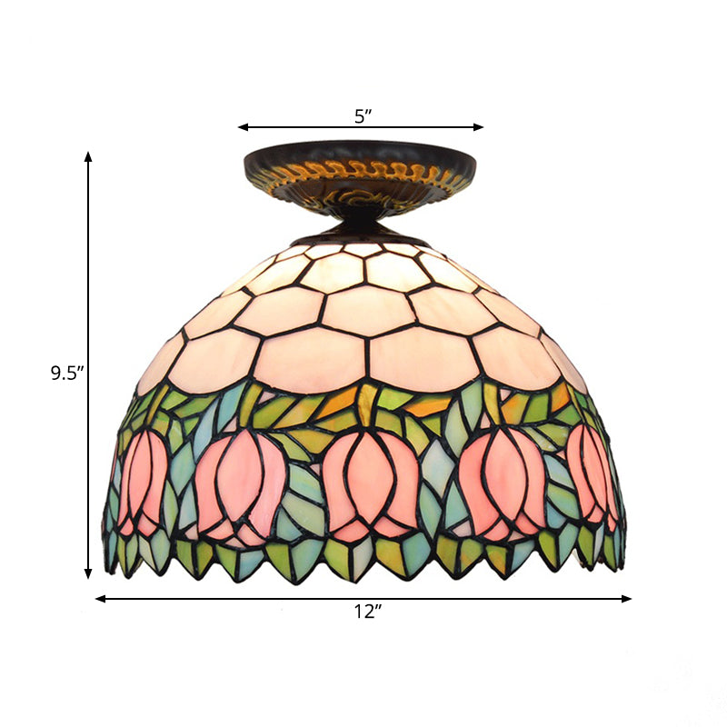 Stained Art Glass Floral Ceiling Fixture Tiffany-Style Single Bulb Bronze Flush Mount Lighting Clearhalo 'Ceiling Lights' 'Close To Ceiling Lights' 'Close to ceiling' 'Flush mount' Lighting' 297446