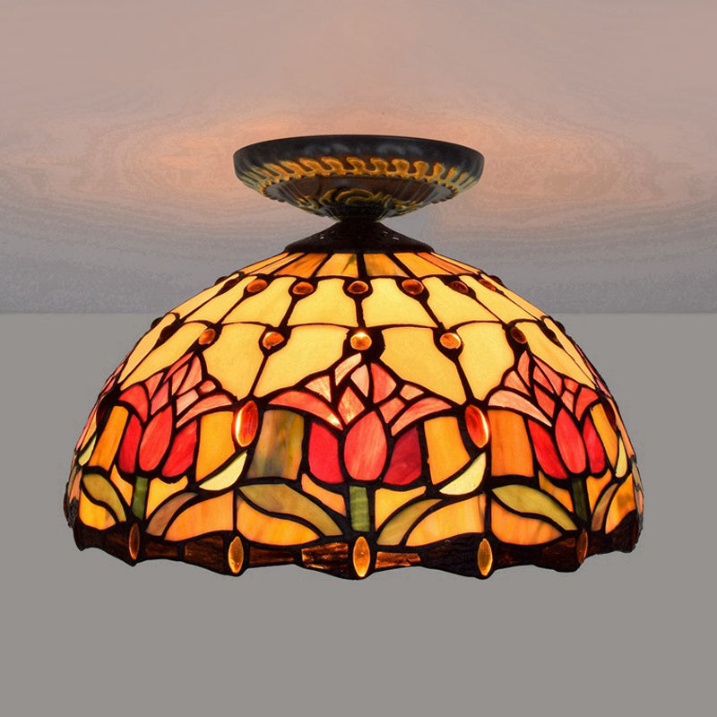 Stained Art Glass Floral Ceiling Fixture Tiffany-Style Single Bulb Bronze Flush Mount Lighting Bronze B Clearhalo 'Ceiling Lights' 'Close To Ceiling Lights' 'Close to ceiling' 'Flush mount' Lighting' 297447