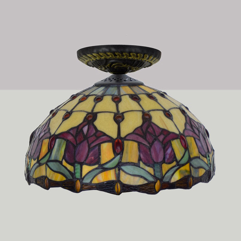 Stained Art Glass Floral Ceiling Fixture Tiffany-Style Single Bulb Bronze Flush Mount Lighting Clearhalo 'Ceiling Lights' 'Close To Ceiling Lights' 'Close to ceiling' 'Flush mount' Lighting' 297448