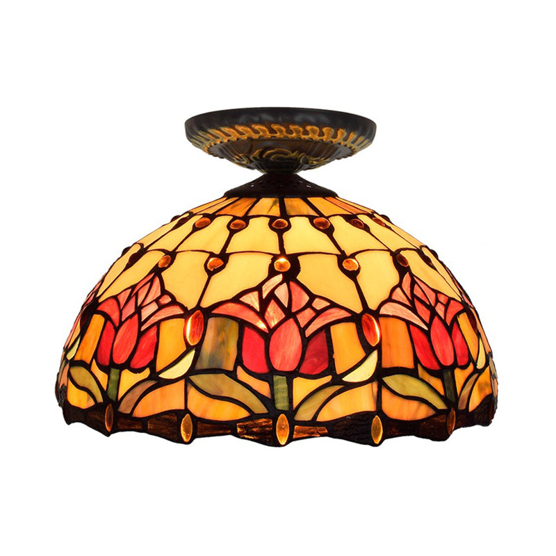 Stained Art Glass Floral Ceiling Fixture Tiffany-Style Single Bulb Bronze Flush Mount Lighting Clearhalo 'Ceiling Lights' 'Close To Ceiling Lights' 'Close to ceiling' 'Flush mount' Lighting' 297449