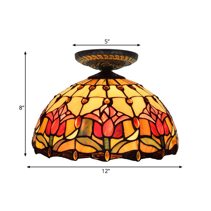 Stained Art Glass Floral Ceiling Fixture Tiffany-Style Single Bulb Bronze Flush Mount Lighting Clearhalo 'Ceiling Lights' 'Close To Ceiling Lights' 'Close to ceiling' 'Flush mount' Lighting' 297450