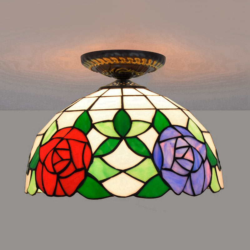 Stained Art Glass Floral Ceiling Fixture Tiffany-Style Single Bulb Bronze Flush Mount Lighting Bronze C Clearhalo 'Ceiling Lights' 'Close To Ceiling Lights' 'Close to ceiling' 'Flush mount' Lighting' 297451