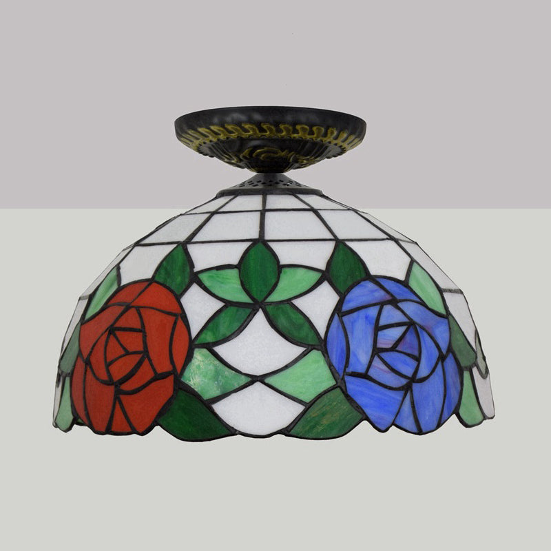 Stained Art Glass Floral Ceiling Fixture Tiffany-Style Single Bulb Bronze Flush Mount Lighting Clearhalo 'Ceiling Lights' 'Close To Ceiling Lights' 'Close to ceiling' 'Flush mount' Lighting' 297452