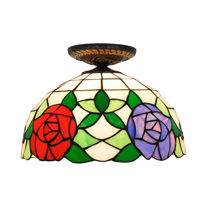 Stained Art Glass Floral Ceiling Fixture Tiffany-Style Single Bulb Bronze Flush Mount Lighting Clearhalo 'Ceiling Lights' 'Close To Ceiling Lights' 'Close to ceiling' 'Flush mount' Lighting' 297453