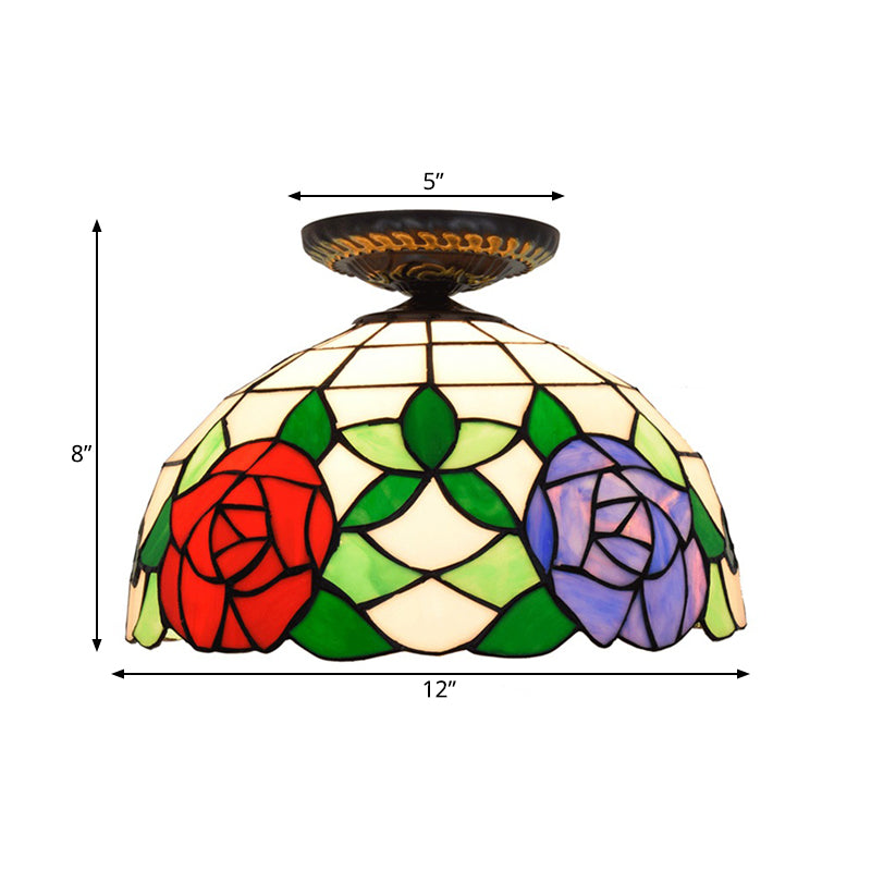 Stained Art Glass Floral Ceiling Fixture Tiffany-Style Single Bulb Bronze Flush Mount Lighting Clearhalo 'Ceiling Lights' 'Close To Ceiling Lights' 'Close to ceiling' 'Flush mount' Lighting' 297454