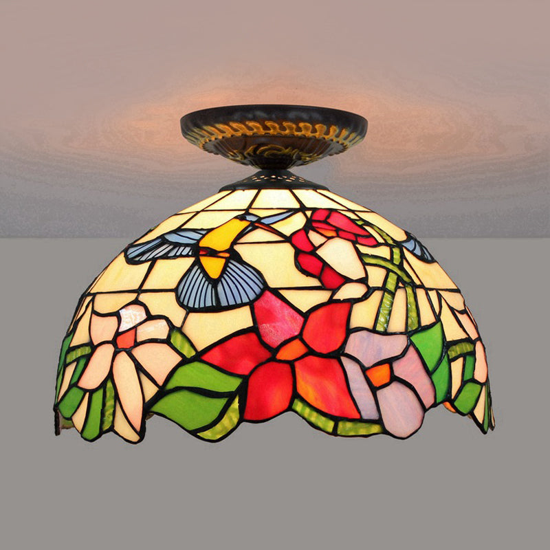 Stained Art Glass Floral Ceiling Fixture Tiffany-Style Single Bulb Bronze Flush Mount Lighting Bronze D Clearhalo 'Ceiling Lights' 'Close To Ceiling Lights' 'Close to ceiling' 'Flush mount' Lighting' 297455