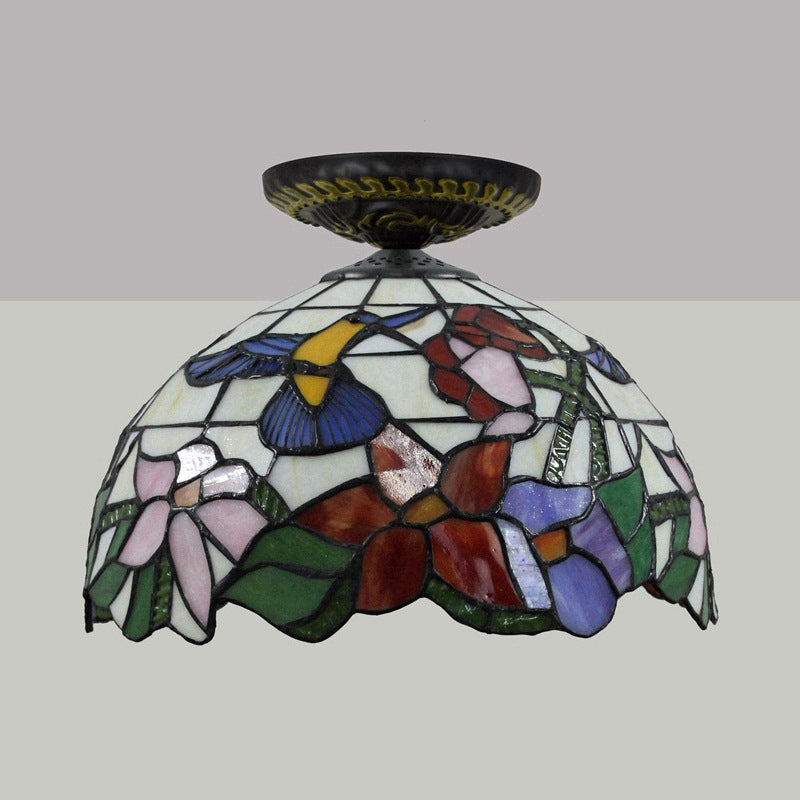 Stained Art Glass Floral Ceiling Fixture Tiffany-Style Single Bulb Bronze Flush Mount Lighting Clearhalo 'Ceiling Lights' 'Close To Ceiling Lights' 'Close to ceiling' 'Flush mount' Lighting' 297456