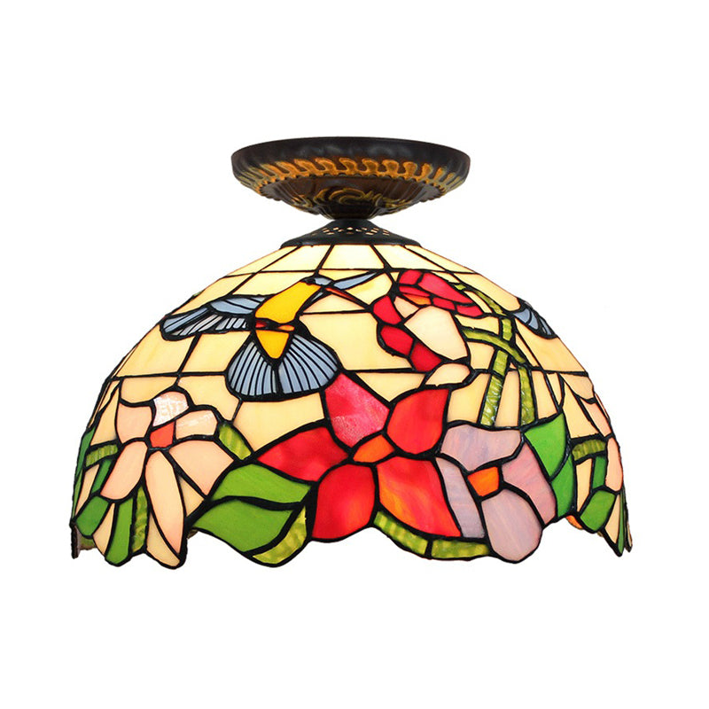 Stained Art Glass Floral Ceiling Fixture Tiffany-Style Single Bulb Bronze Flush Mount Lighting Clearhalo 'Ceiling Lights' 'Close To Ceiling Lights' 'Close to ceiling' 'Flush mount' Lighting' 297457