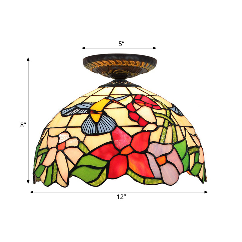 Stained Art Glass Floral Ceiling Fixture Tiffany-Style Single Bulb Bronze Flush Mount Lighting Clearhalo 'Ceiling Lights' 'Close To Ceiling Lights' 'Close to ceiling' 'Flush mount' Lighting' 297458