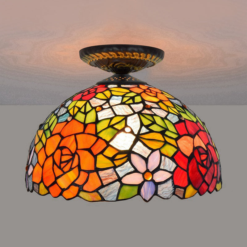 Stained Art Glass Floral Ceiling Fixture Tiffany-Style Single Bulb Bronze Flush Mount Lighting Bronze E Clearhalo 'Ceiling Lights' 'Close To Ceiling Lights' 'Close to ceiling' 'Flush mount' Lighting' 297459