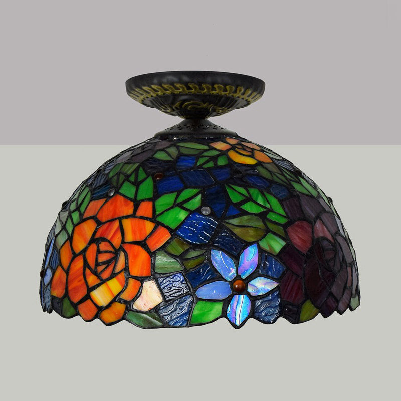 Stained Art Glass Floral Ceiling Fixture Tiffany-Style Single Bulb Bronze Flush Mount Lighting Clearhalo 'Ceiling Lights' 'Close To Ceiling Lights' 'Close to ceiling' 'Flush mount' Lighting' 297460