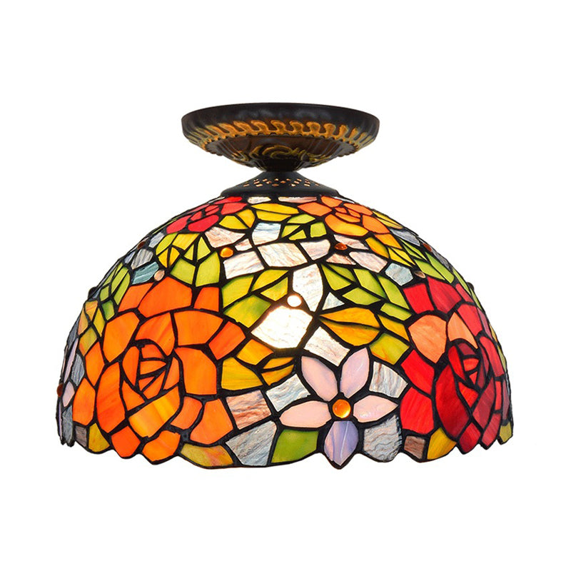 Stained Art Glass Floral Ceiling Fixture Tiffany-Style Single Bulb Bronze Flush Mount Lighting Clearhalo 'Ceiling Lights' 'Close To Ceiling Lights' 'Close to ceiling' 'Flush mount' Lighting' 297461