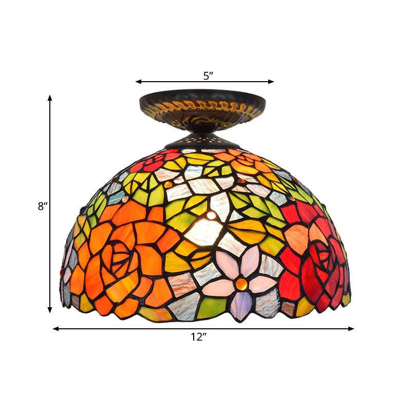 Stained Art Glass Floral Ceiling Fixture Tiffany-Style Single Bulb Bronze Flush Mount Lighting Clearhalo 'Ceiling Lights' 'Close To Ceiling Lights' 'Close to ceiling' 'Flush mount' Lighting' 297462