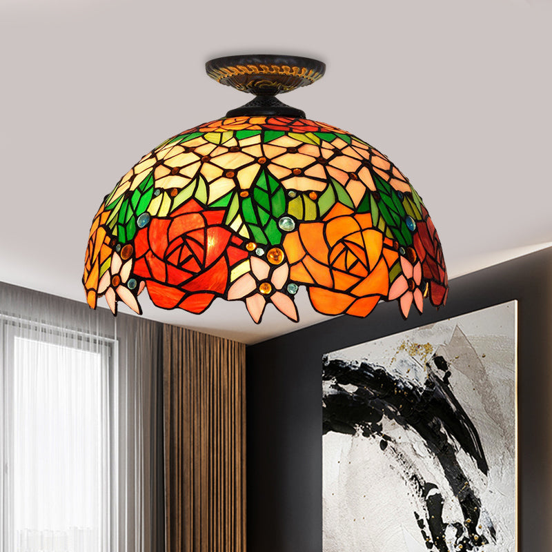 Bronze Rose/Flower Ceiling Lamp Tiffany 1 Bulb Multicolored Stained Glass Flush Mount Lighting Bronze Flower Clearhalo 'Ceiling Lights' 'Close To Ceiling Lights' 'Close to ceiling' 'Flush mount' Lighting' 297463