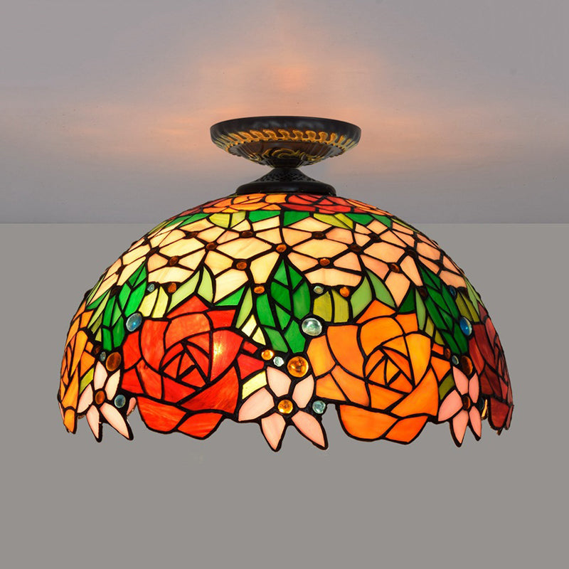 Bronze Rose/Flower Ceiling Lamp Tiffany 1 Bulb Multicolored Stained Glass Flush Mount Lighting Clearhalo 'Ceiling Lights' 'Close To Ceiling Lights' 'Close to ceiling' 'Flush mount' Lighting' 297464