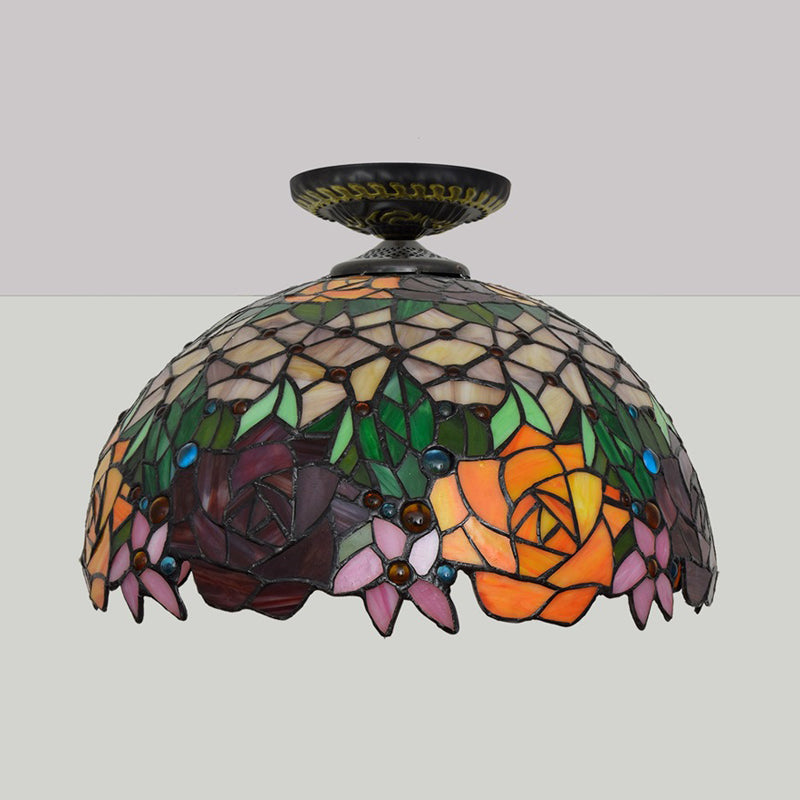 Bronze Rose/Flower Ceiling Lamp Tiffany 1 Bulb Multicolored Stained Glass Flush Mount Lighting Clearhalo 'Ceiling Lights' 'Close To Ceiling Lights' 'Close to ceiling' 'Flush mount' Lighting' 297465