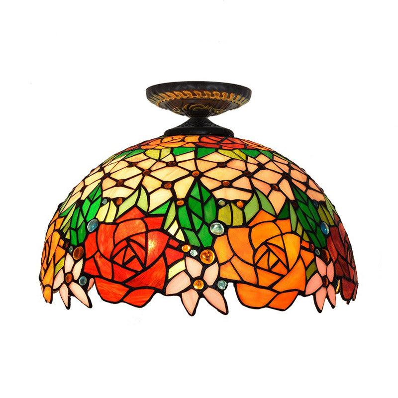 Bronze Rose/Flower Ceiling Lamp Tiffany 1 Bulb Multicolored Stained Glass Flush Mount Lighting Clearhalo 'Ceiling Lights' 'Close To Ceiling Lights' 'Close to ceiling' 'Flush mount' Lighting' 297466