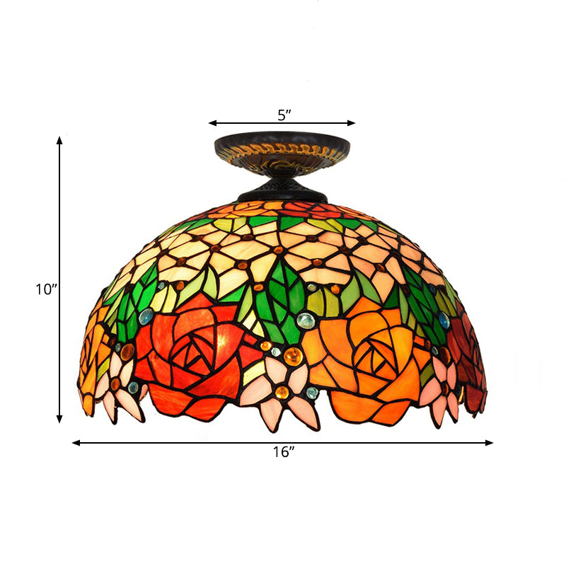 Bronze Rose/Flower Ceiling Lamp Tiffany 1 Bulb Multicolored Stained Glass Flush Mount Lighting Clearhalo 'Ceiling Lights' 'Close To Ceiling Lights' 'Close to ceiling' 'Flush mount' Lighting' 297467