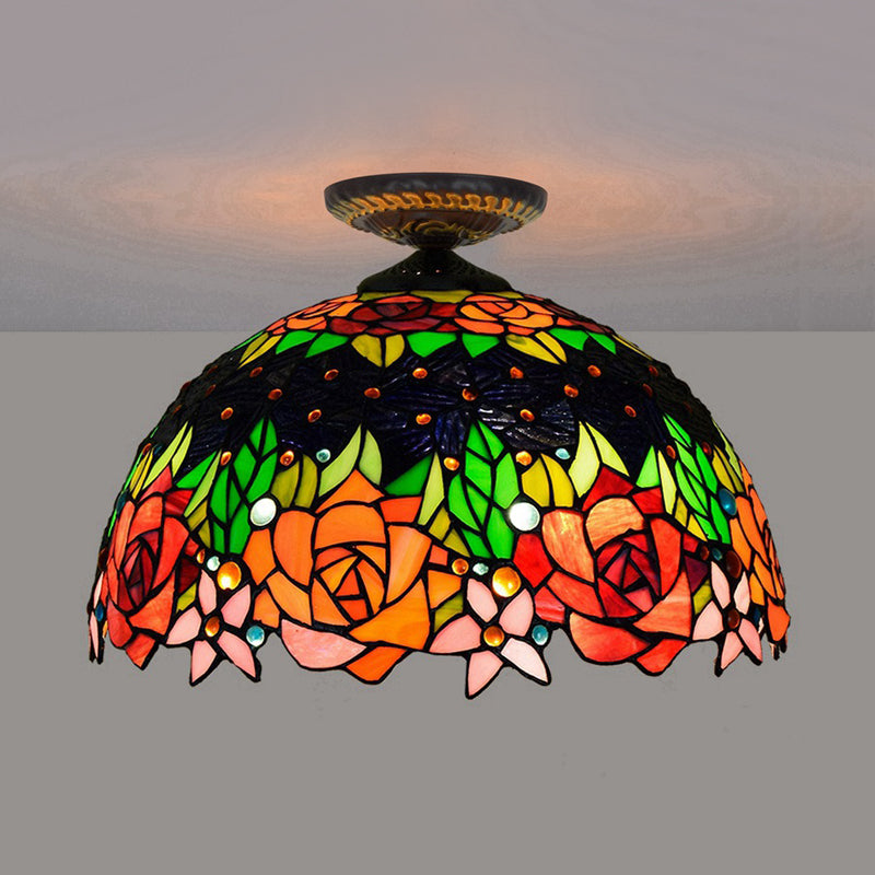 Bronze Rose/Flower Ceiling Lamp Tiffany 1 Bulb Multicolored Stained Glass Flush Mount Lighting Bronze Rose Clearhalo 'Ceiling Lights' 'Close To Ceiling Lights' 'Close to ceiling' 'Flush mount' Lighting' 297468