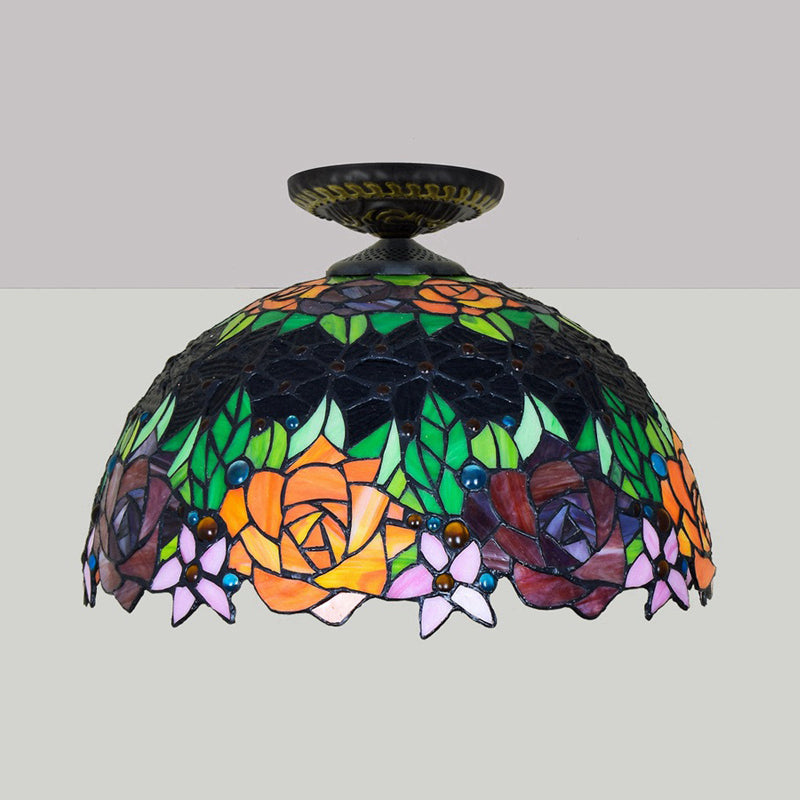 Bronze Rose/Flower Ceiling Lamp Tiffany 1 Bulb Multicolored Stained Glass Flush Mount Lighting Clearhalo 'Ceiling Lights' 'Close To Ceiling Lights' 'Close to ceiling' 'Flush mount' Lighting' 297469