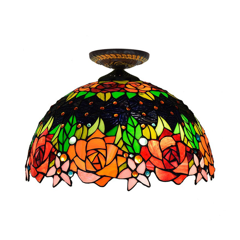 Bronze Rose/Flower Ceiling Lamp Tiffany 1 Bulb Multicolored Stained Glass Flush Mount Lighting Clearhalo 'Ceiling Lights' 'Close To Ceiling Lights' 'Close to ceiling' 'Flush mount' Lighting' 297470