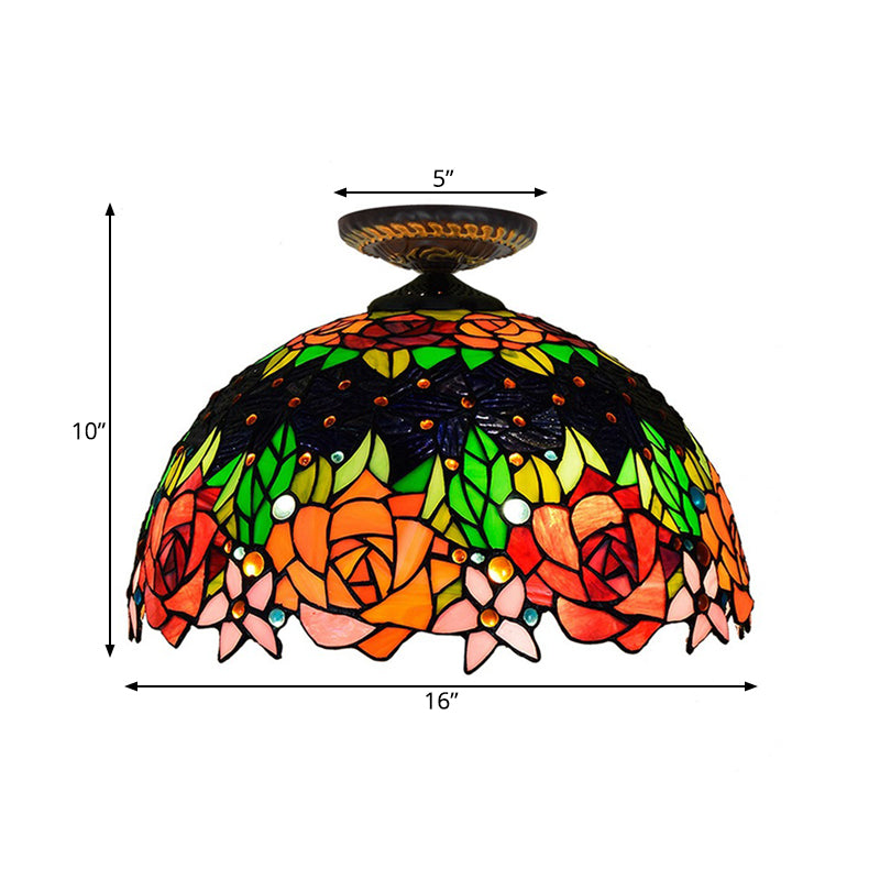 Bronze Rose/Flower Ceiling Lamp Tiffany 1 Bulb Multicolored Stained Glass Flush Mount Lighting Clearhalo 'Ceiling Lights' 'Close To Ceiling Lights' 'Close to ceiling' 'Flush mount' Lighting' 297471