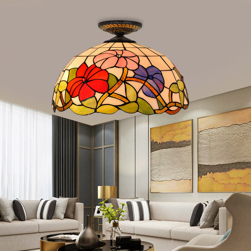 Tiffany Peony Flush Mount Lamp 1 Bulb Stained Glass Close to Ceiling Lighting Fixture in Bronze, 12"/16" Wide Bronze 16" Clearhalo 'Ceiling Lights' 'Close To Ceiling Lights' 'Close to ceiling' 'Flush mount' Lighting' 297483