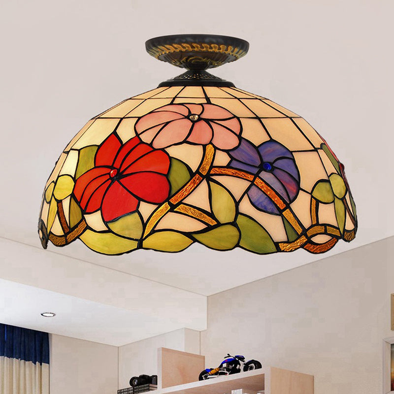 Tiffany Peony Flush Mount Lamp 1 Bulb Stained Glass Close to Ceiling Lighting Fixture in Bronze, 12"/16" Wide Clearhalo 'Ceiling Lights' 'Close To Ceiling Lights' 'Close to ceiling' 'Flush mount' Lighting' 297484