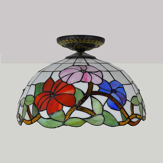 Tiffany Peony Flush Mount Lamp 1 Bulb Stained Glass Close to Ceiling Lighting Fixture in Bronze, 12"/16" Wide Clearhalo 'Ceiling Lights' 'Close To Ceiling Lights' 'Close to ceiling' 'Flush mount' Lighting' 297485