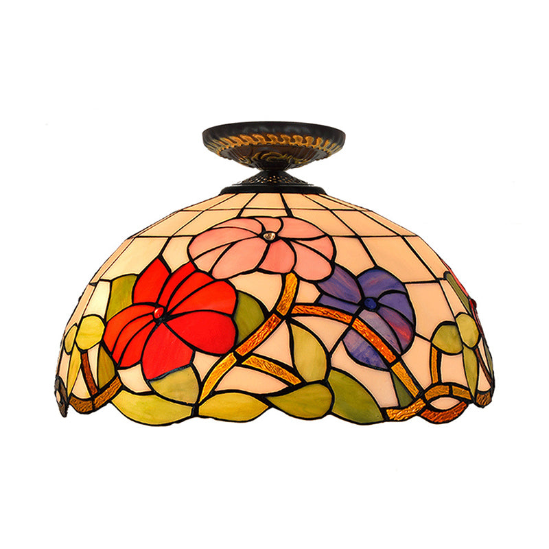 Tiffany Peony Flush Mount Lamp 1 Bulb Stained Glass Close to Ceiling Lighting Fixture in Bronze, 12"/16" Wide Clearhalo 'Ceiling Lights' 'Close To Ceiling Lights' 'Close to ceiling' 'Flush mount' Lighting' 297486