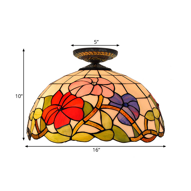 Tiffany Peony Flush Mount Lamp 1 Bulb Stained Glass Close to Ceiling Lighting Fixture in Bronze, 12"/16" Wide Clearhalo 'Ceiling Lights' 'Close To Ceiling Lights' 'Close to ceiling' 'Flush mount' Lighting' 297487