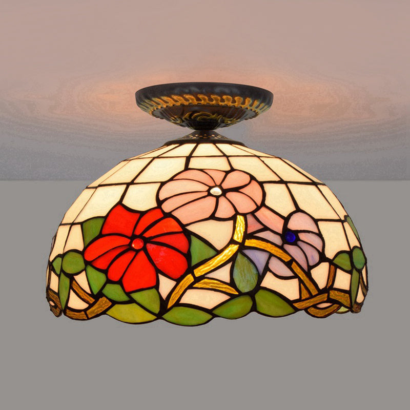 Tiffany Peony Flush Mount Lamp 1 Bulb Stained Glass Close to Ceiling Lighting Fixture in Bronze, 12"/16" Wide Bronze 12" Clearhalo 'Ceiling Lights' 'Close To Ceiling Lights' 'Close to ceiling' 'Flush mount' Lighting' 297488