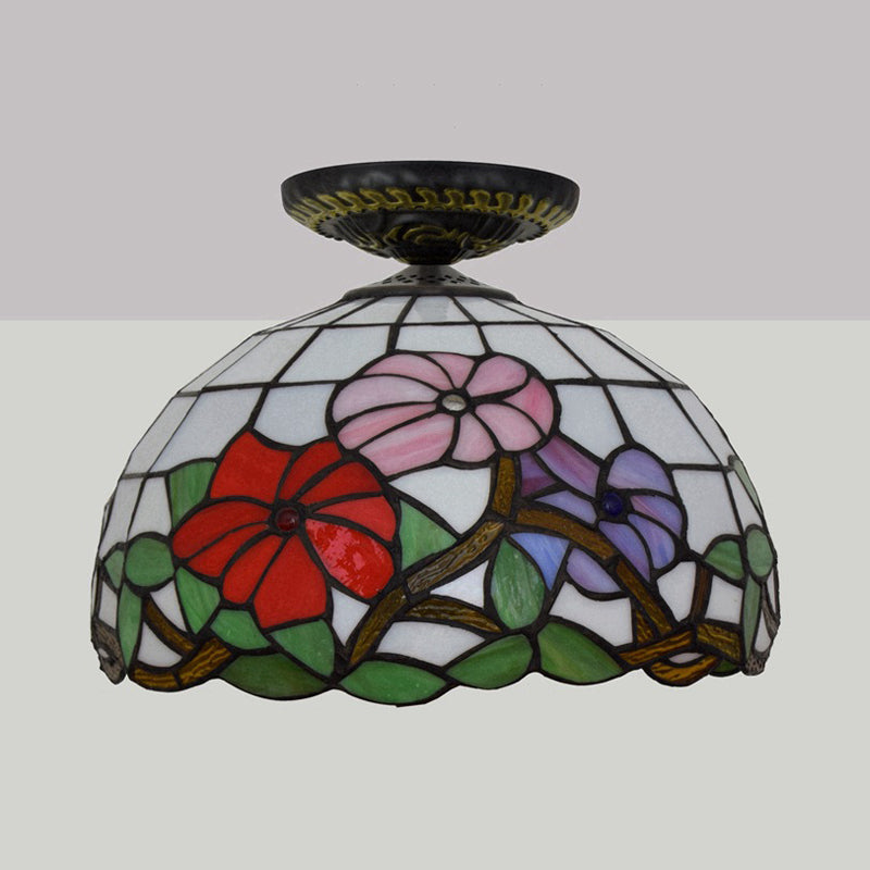 Tiffany Peony Flush Mount Lamp 1 Bulb Stained Glass Close to Ceiling Lighting Fixture in Bronze, 12"/16" Wide Clearhalo 'Ceiling Lights' 'Close To Ceiling Lights' 'Close to ceiling' 'Flush mount' Lighting' 297489