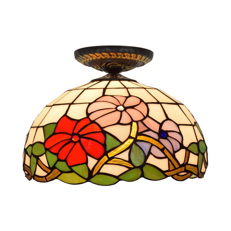 Tiffany Peony Flush Mount Lamp 1 Bulb Stained Glass Close to Ceiling Lighting Fixture in Bronze, 12"/16" Wide Clearhalo 'Ceiling Lights' 'Close To Ceiling Lights' 'Close to ceiling' 'Flush mount' Lighting' 297490