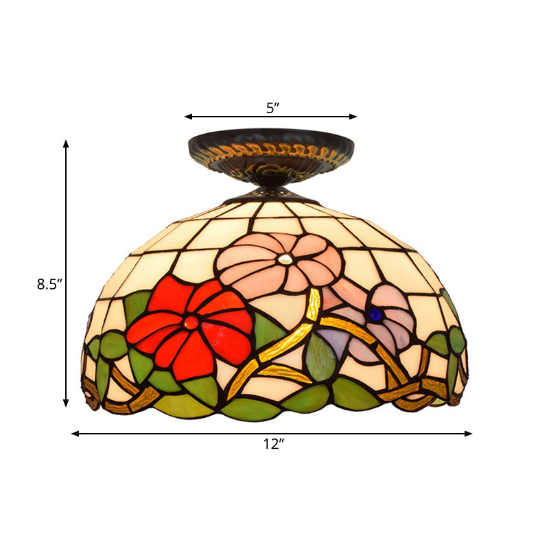 Tiffany Peony Flush Mount Lamp 1 Bulb Stained Glass Close to Ceiling Lighting Fixture in Bronze, 12"/16" Wide Clearhalo 'Ceiling Lights' 'Close To Ceiling Lights' 'Close to ceiling' 'Flush mount' Lighting' 297491